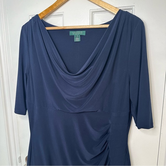 LAUREN Ralph Lauren Carleton Jersey Cowl Neck Sheath Dress Navy Blue Cocktail 16 - Picture 3 of 10